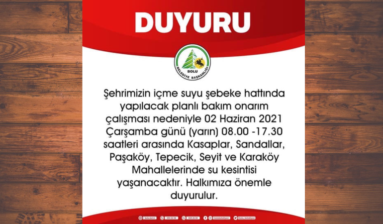 Bolu Belediyesi uyardı: Bakım onarım çalışması nedeniyle 6 mahalleye su verilemeyecek